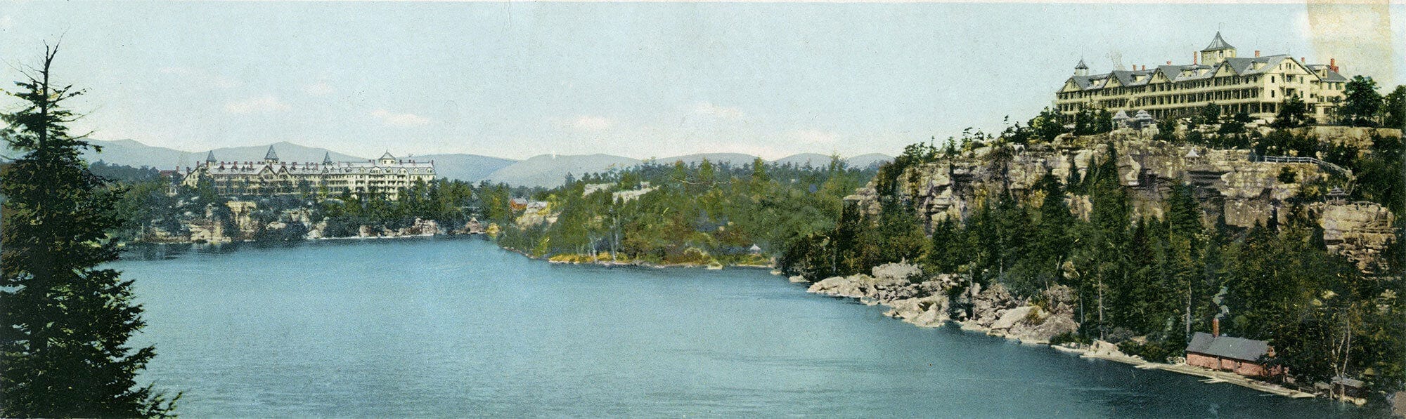 Two mountain houses on Lake Minnewaska, on a 1910s-era double-sized postcard. Both of these hotels are now gone.