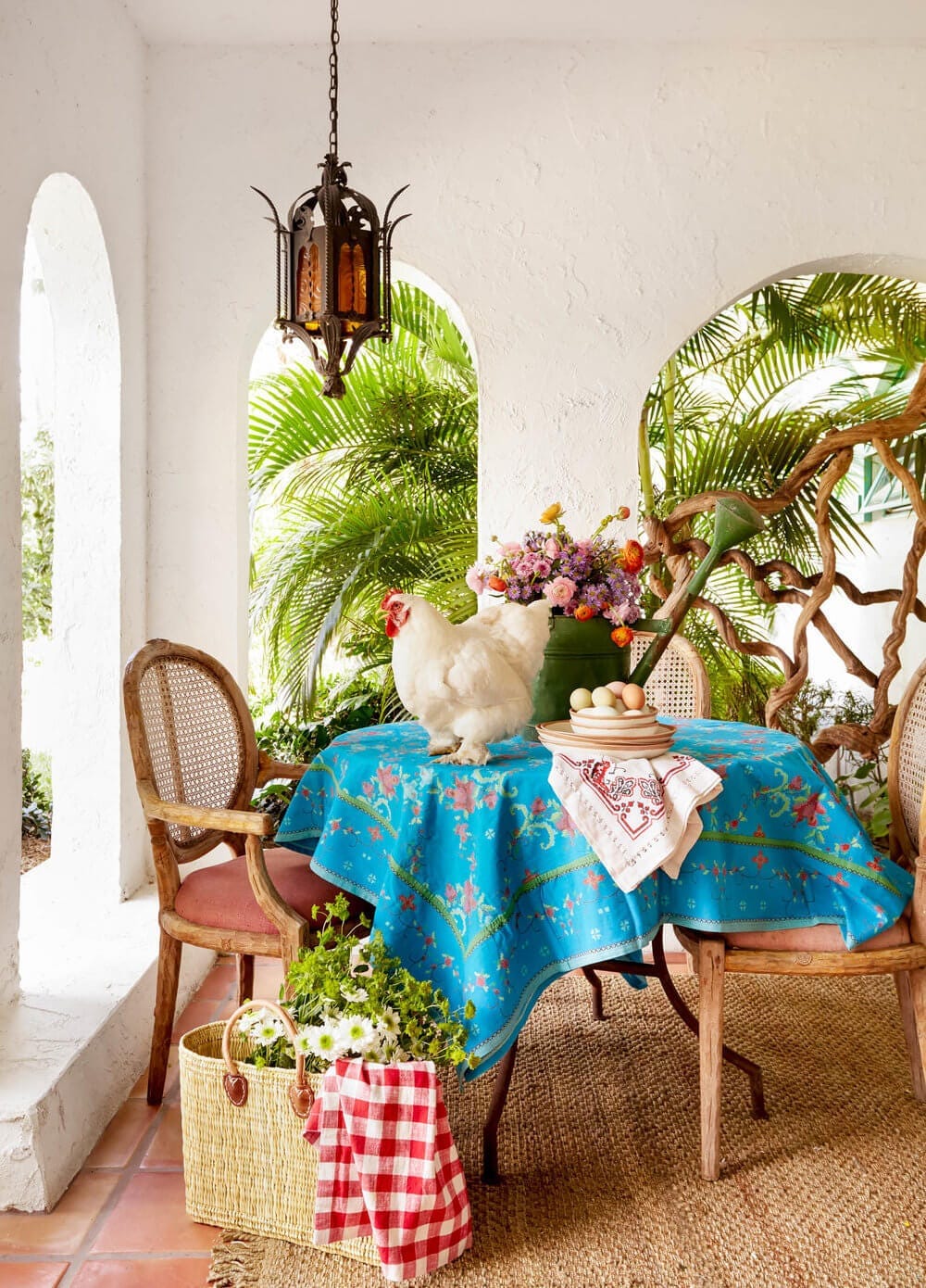 A colorful table and chicken photographed by Rikki Snyder